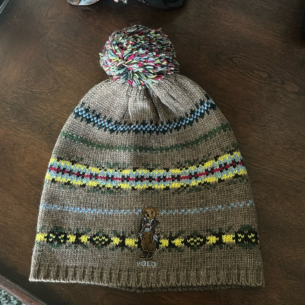 Polo by Ralph Lauren Brown Knit Hat with Multicolor Pom-Pom